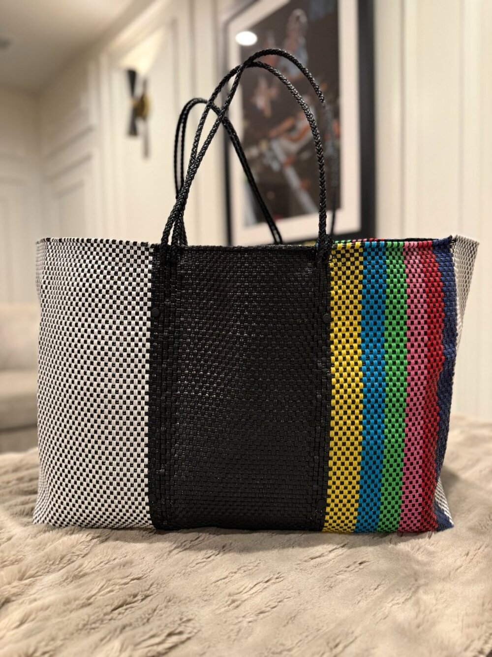 TRUSS Large Woven Striped Tote Black Rainbow Leather Trim
